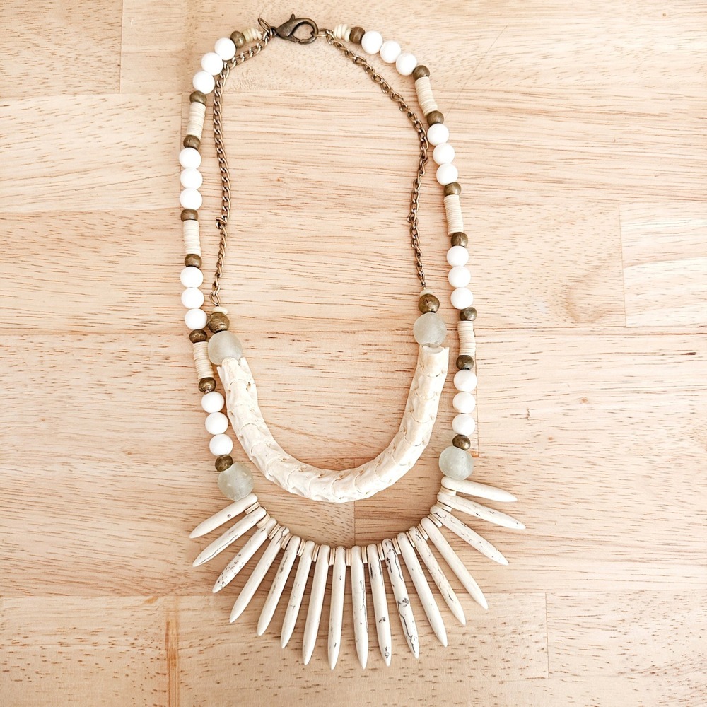 Tribal Stone Spike Necklace Bone Sea Glass Brass‎ Boho Statement